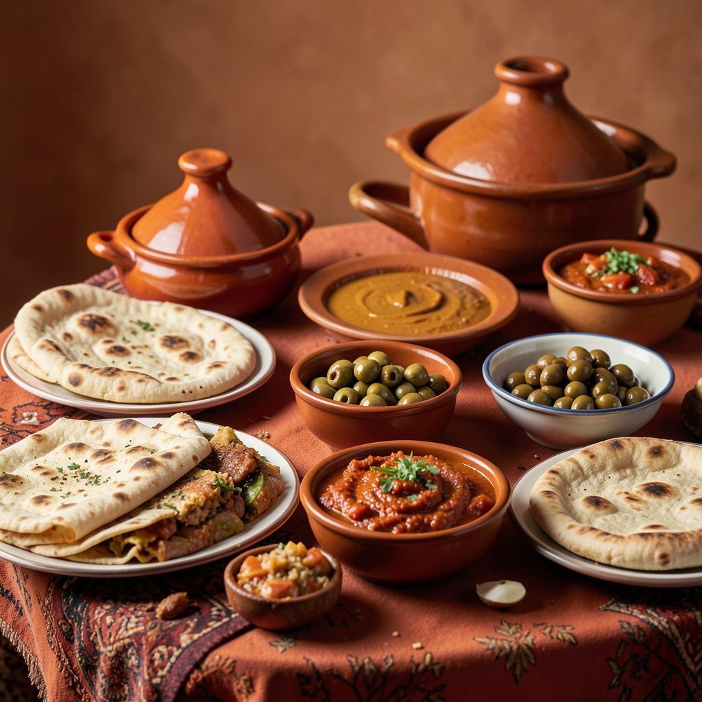 Spread of flatbreads, olives, dips, and clay pots on a patterned tablecloth, warm red and brown tones