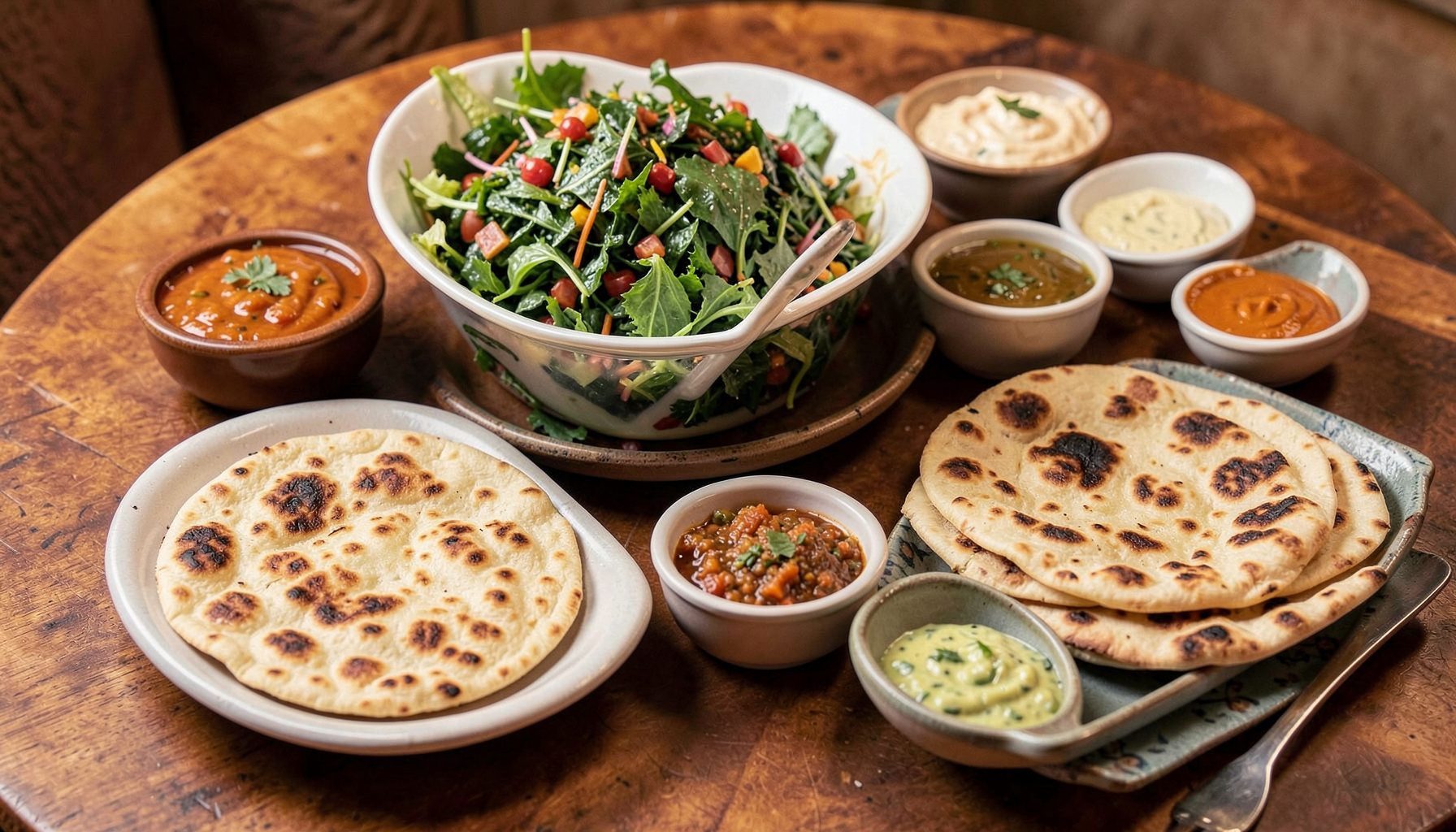 A Lebanese-style table with fresh flatbreads, tabbouleh, and small bowls of dips in warm earthy tones.