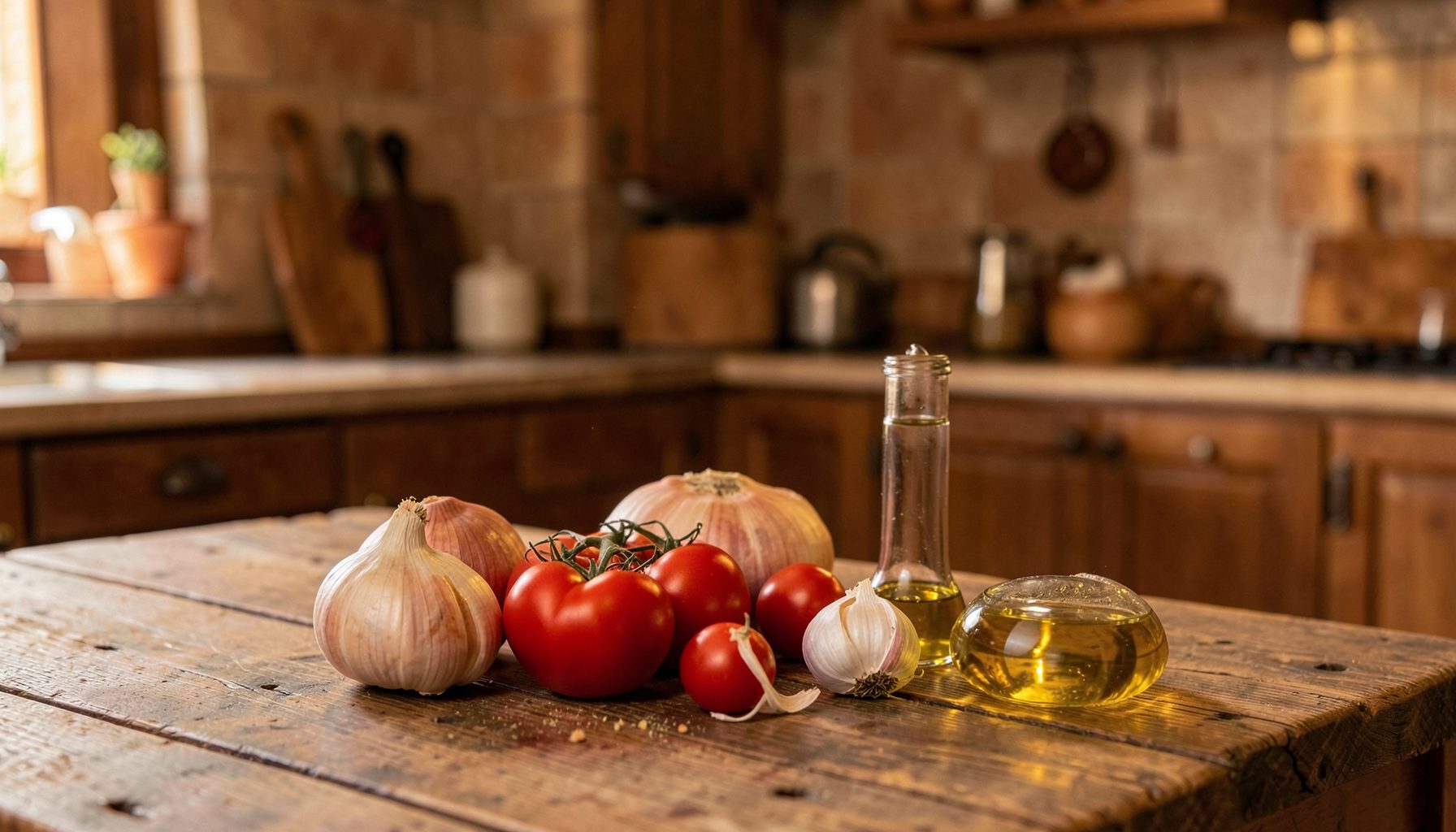 A rustic Italian kitchen scene with fresh tomatoes, garlic, and olive oil on a wooden table, warm amber and terracotta tones