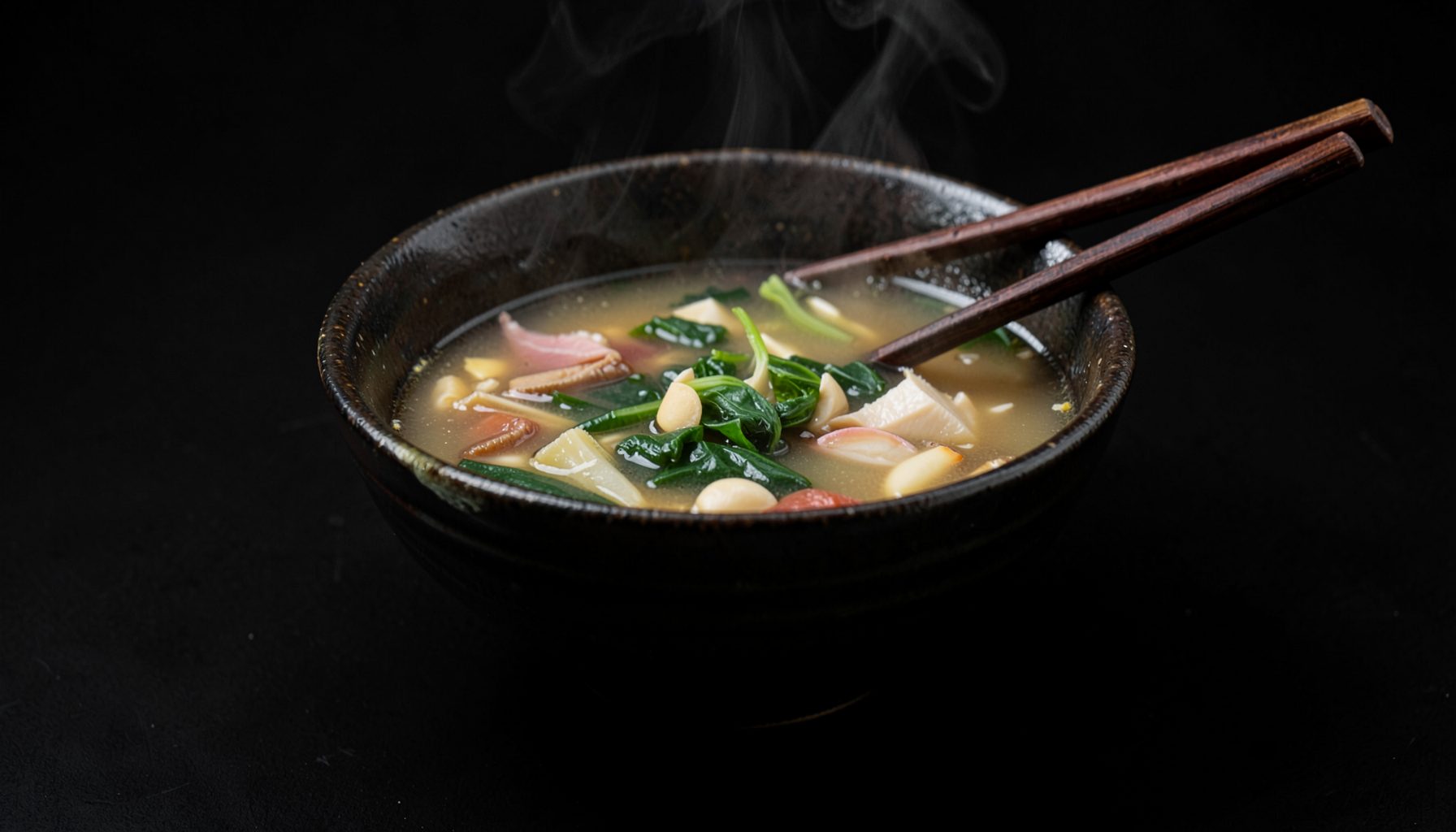 A bowl of steaming Asian soup with chopsticks, dark ceramic bowl against a moody charcoal background