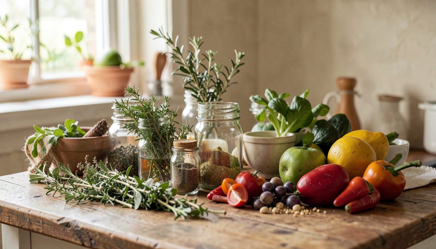 A warm, atmospheric kitchen scene with herbs, spices, and fresh produce on a rustic counter, soft natural light, olive and cream tones