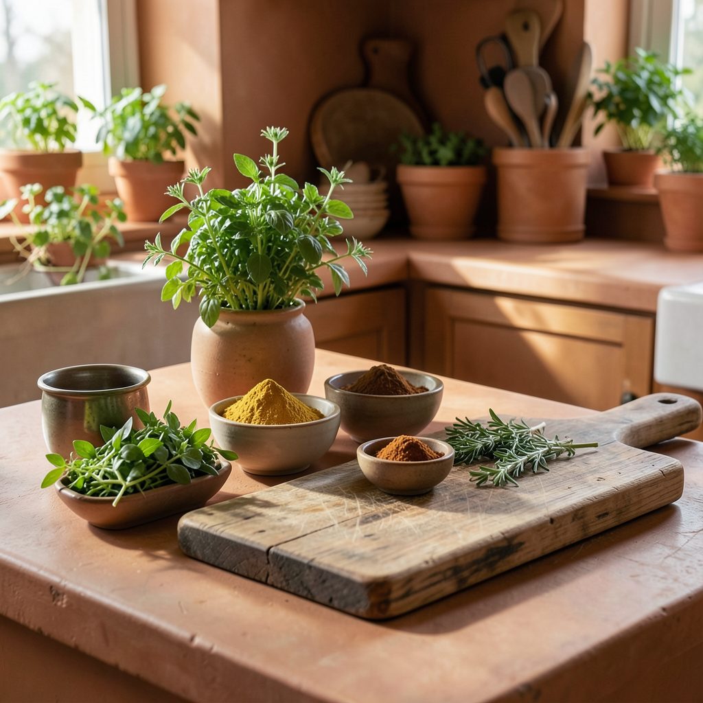 A warm, inviting kitchen scene with fresh herbs, spices in small bowls, and a well-used wooden cutting board, bathed in soft light