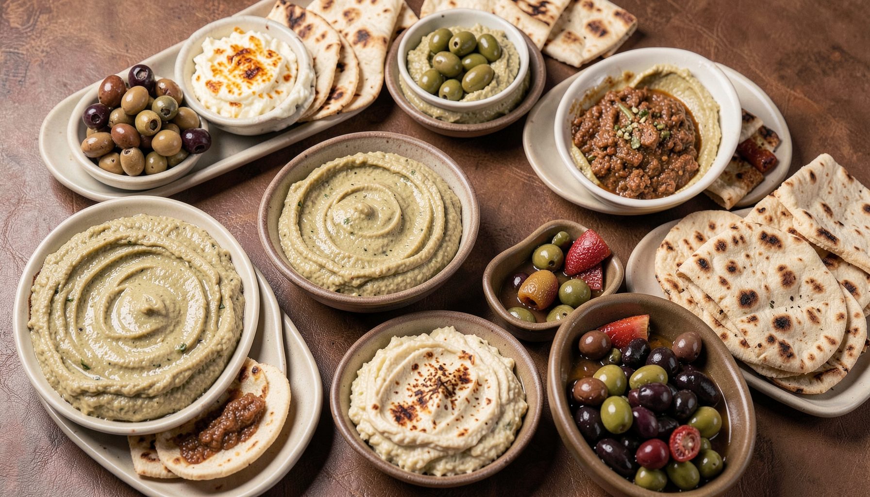 A spread of Middle Eastern mezze dishes with hummus, flatbreads, and olives, rich earthy browns and creams