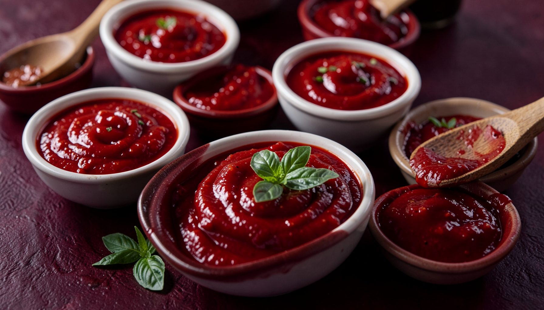 A collection of vibrant red Italian sauces in small bowls, with fresh basil leaves and a wooden spoon, rich crimson and cream tones