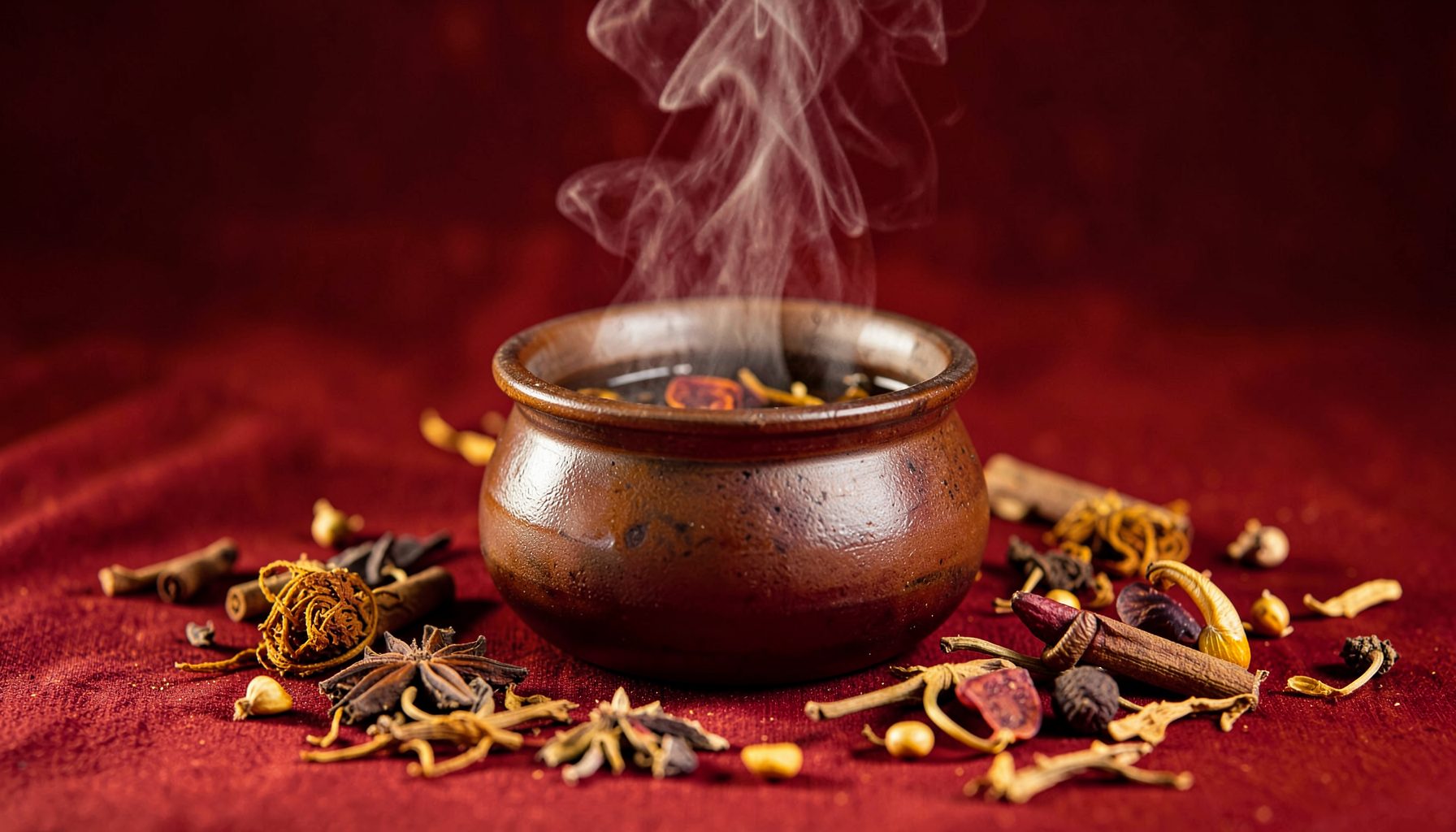 A North African tagine pot with steam rising, surrounded by warm spices, deep red and golden tones