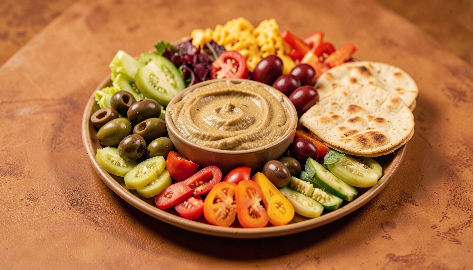 A colorful Middle Eastern mezze platter with hummus, olives, flatbread, and fresh vegetables, in warm golden and terracotta tones