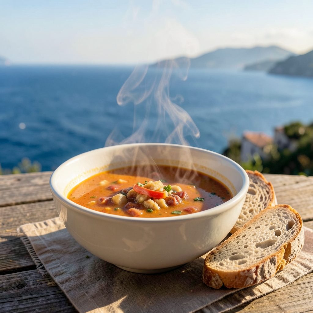 A steaming bowl of hearty soup with rustic bread on a wooden table, warm amber tones and soft coastal light.